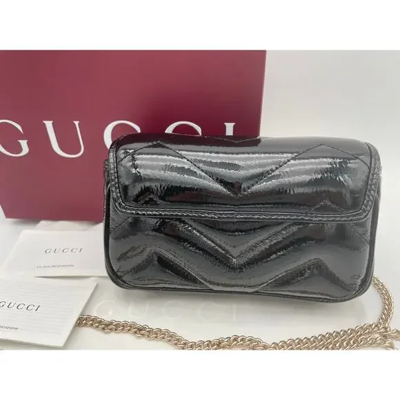 NEW!  GUCCI BLACK PATENT LEATHER MARMONT GG CROSSBODY BAG PURSE BOX AUTHENTIC - Picture 6 of 13
